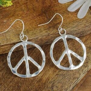 Hammered Silver Peace Sign Dangle Earrings - Boho Statement Jewelry